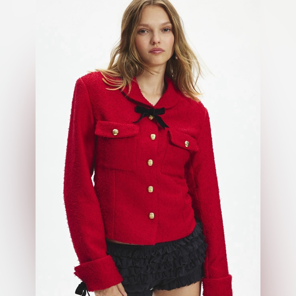 Sister Jane Posie Bow Detail Boucle Red Button-Up Jacket with Gold Accents